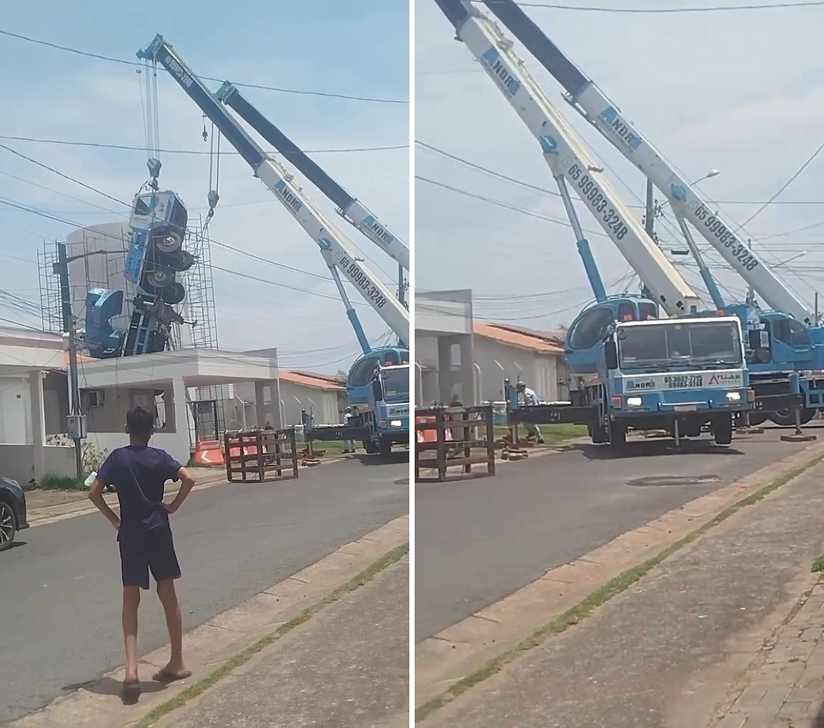 Caminhão-guindaste tombado mobiliza dois guinchos em Cuiabá, MT