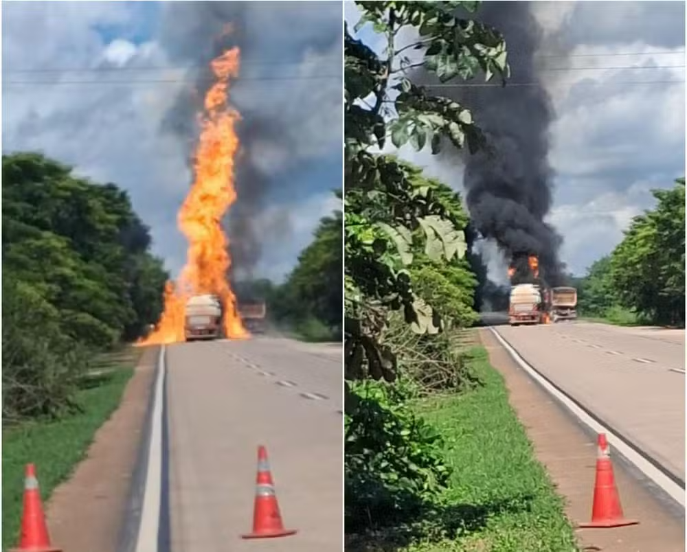 Carreta com etanol pega fogo na BR-364 em Mato Grosso