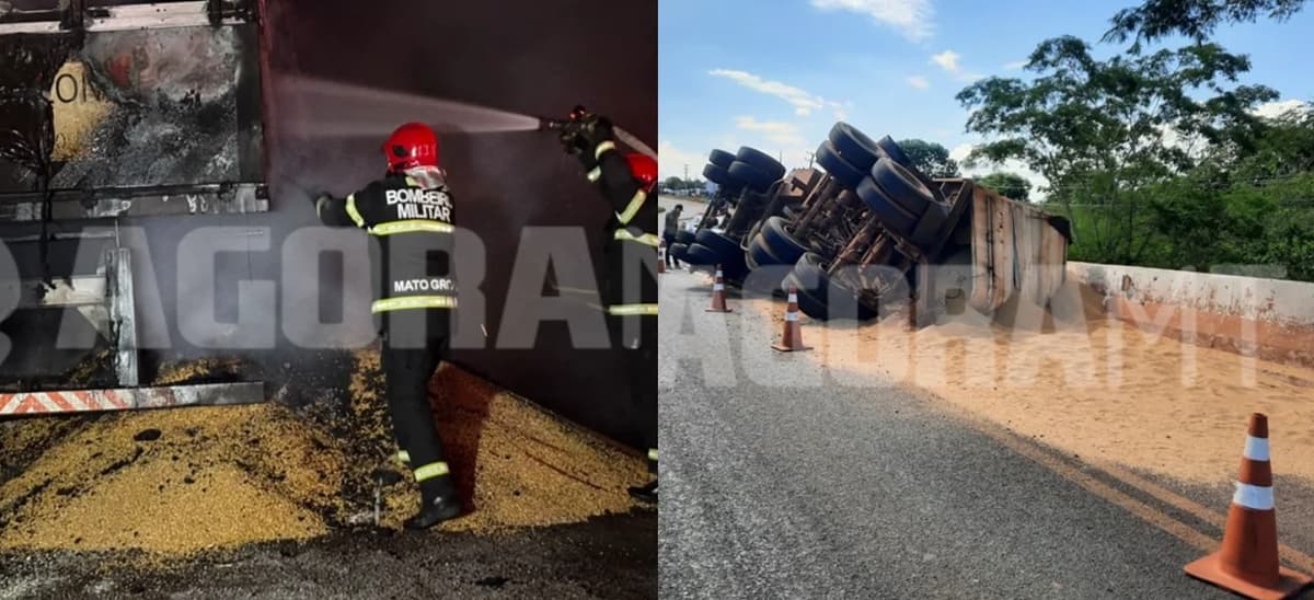 Carretas tombam e pegam fogo na BR-364 em Rondonópolis