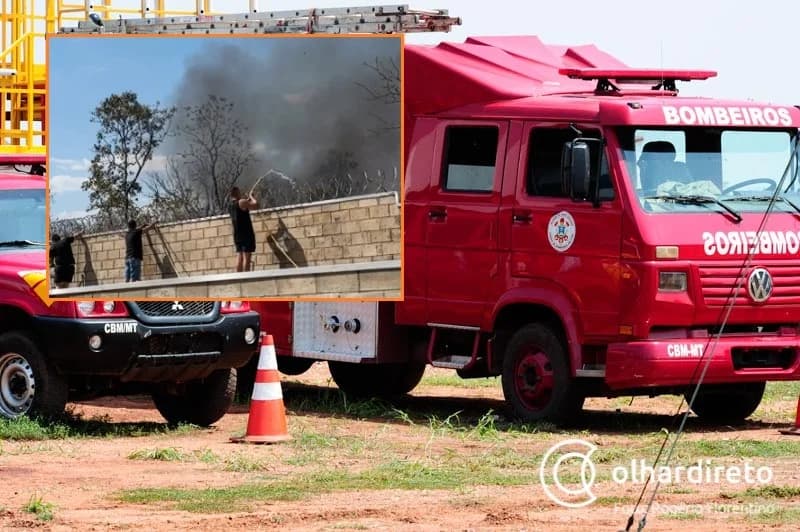 Fogo em vegetação perto de condomínio mobiliza bombeiros em Várzea Grande