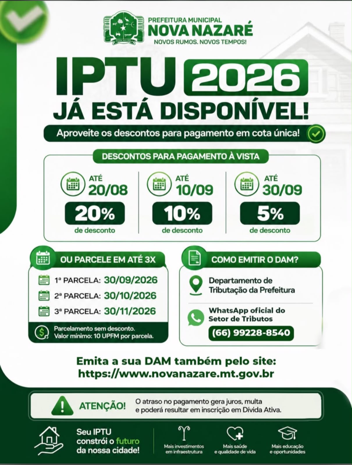 IPTU 2026 em Nova Nazaré tem descontos de até 20%
