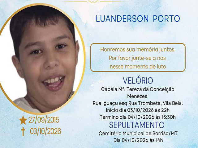 Menino de 11 anos morre afogado em lago de Sorriso