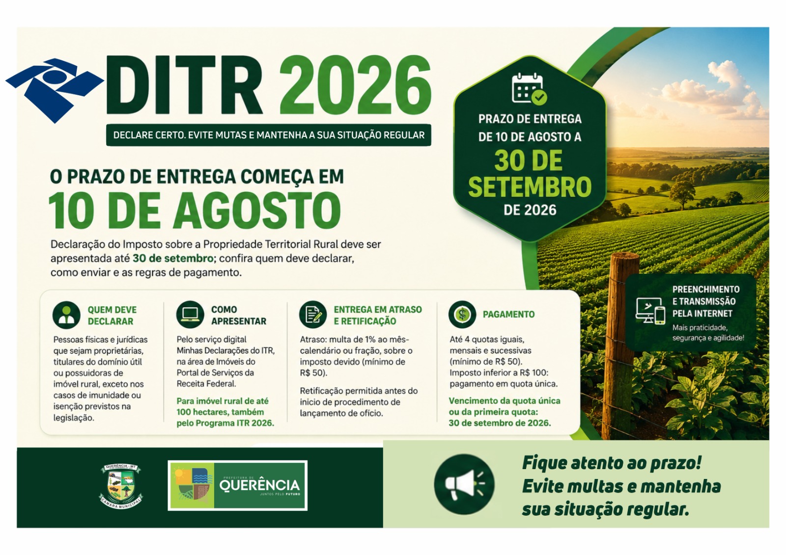 Produtores rurais iniciam envio da DITR 2026 em Querência