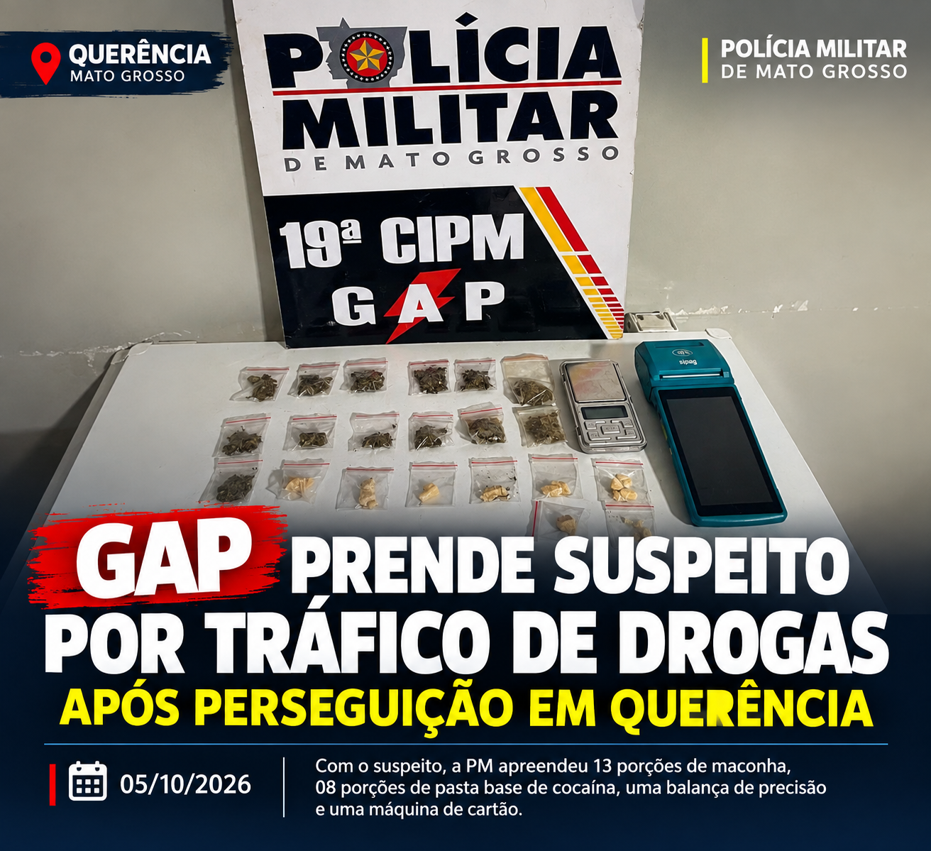 Tráfico de drogas leva à prisão após perseguição em Querência MT